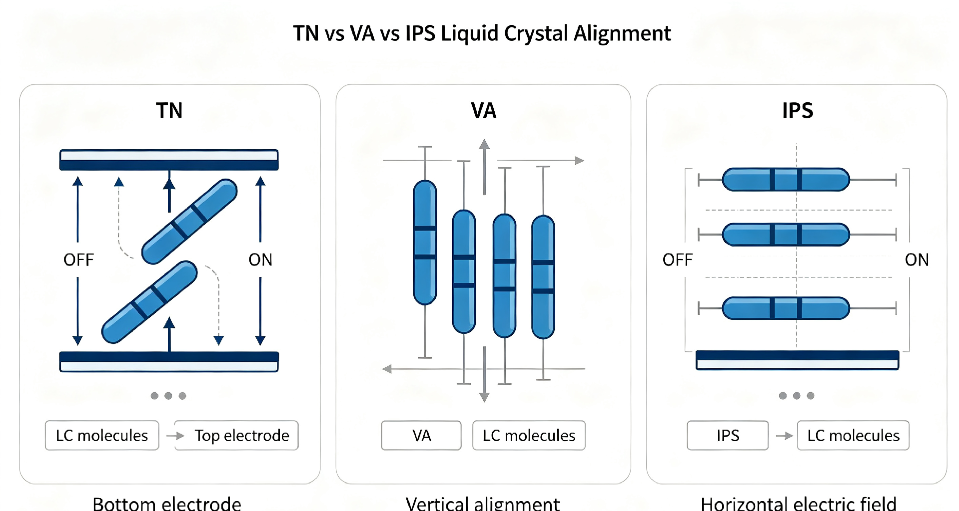 TN vs VA vs IPS liquid crystal molecule alignment diagram.png